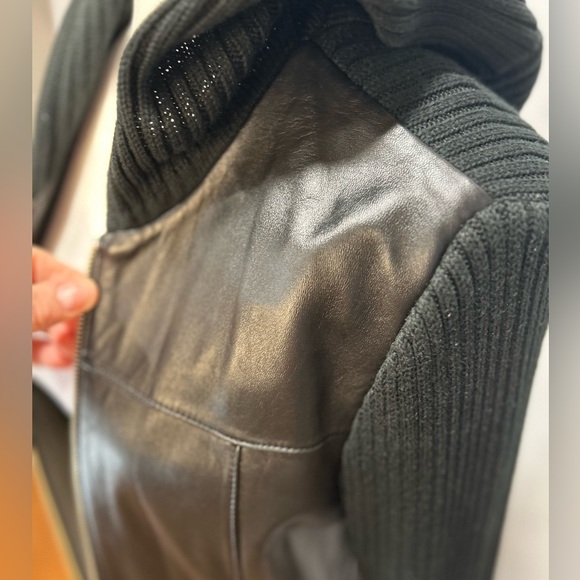 Beautiful gently used INC black leather sweater with a hood and zipper size L - Picture 7 of 13